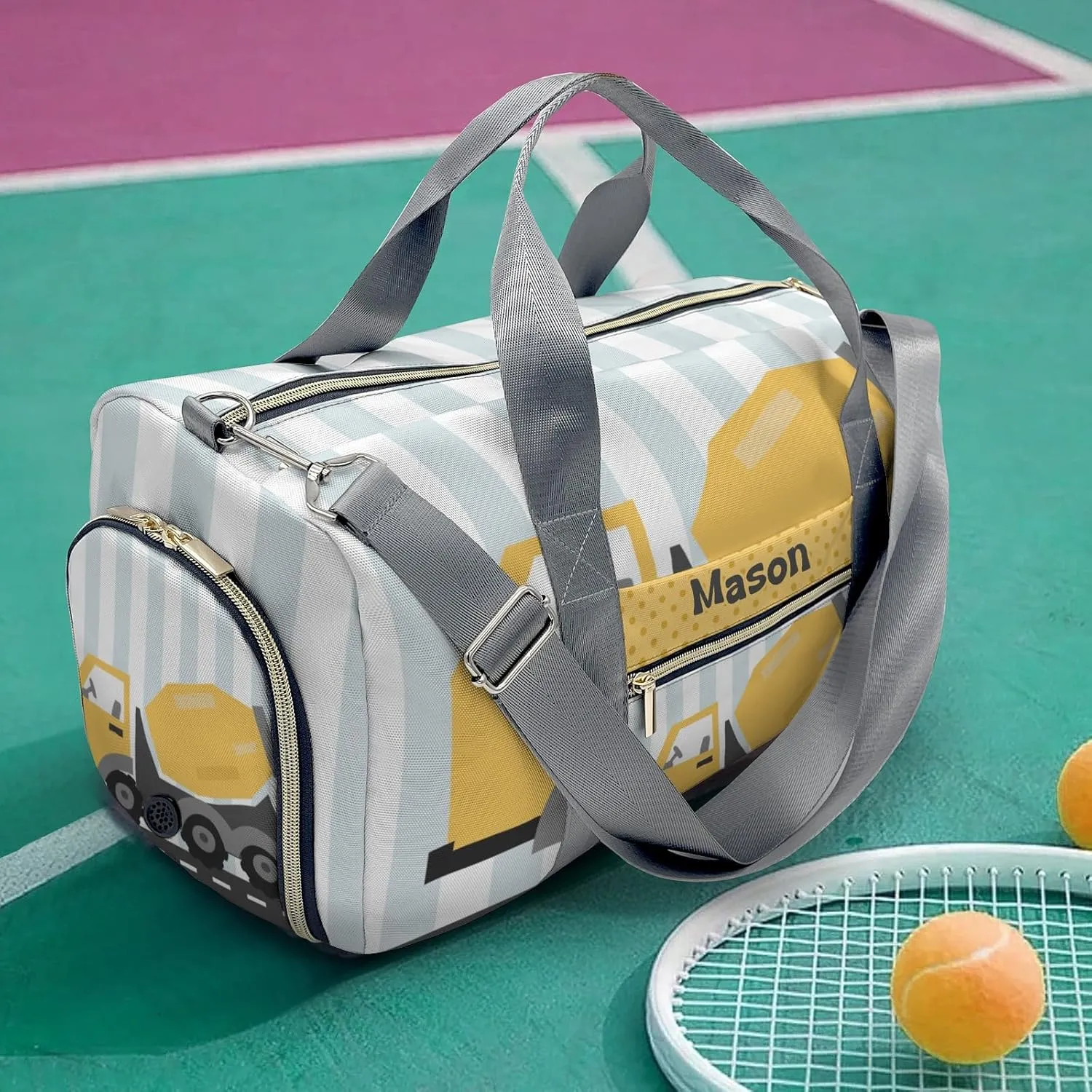 Construction Machinery Dots 2 Personalized Duffel Bag,Custom Travel Gym Bag with Name,Waterproof Sports Overnight Bag with Shoe Compartment & Shoulder Strap