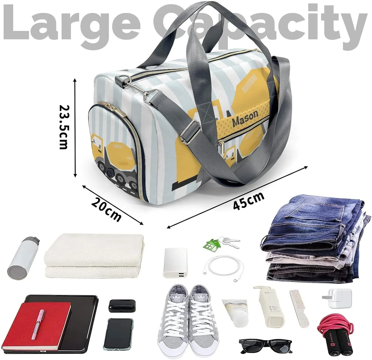 Construction Machinery Dots 2 Personalized Duffel Bag,Custom Travel Gym Bag with Name,Waterproof Sports Overnight Bag with Shoe Compartment & Shoulder Strap
