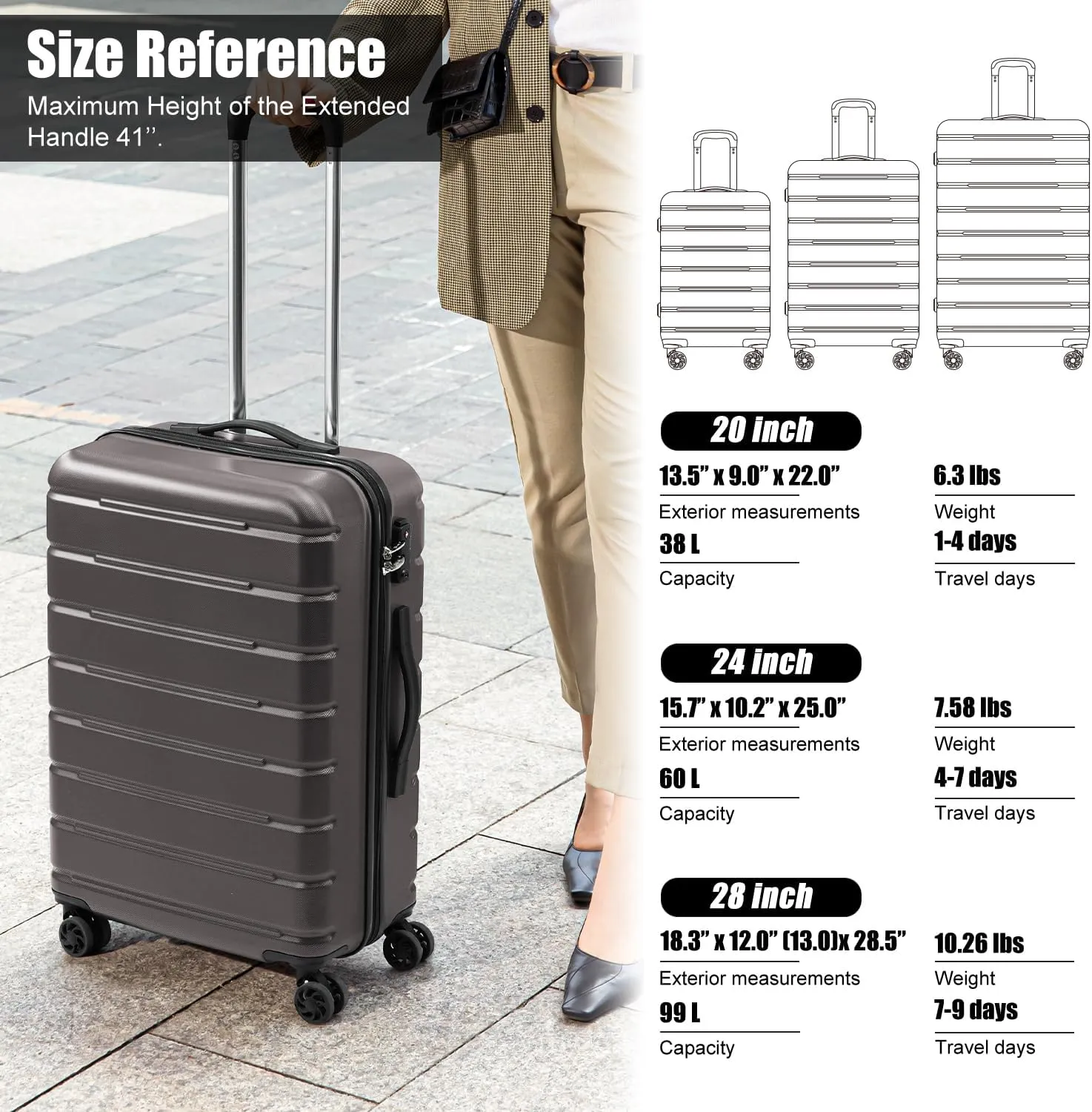 Coolife Luggage Suitcase Carry-on Spinner TSA Lock USB Port Expandable (only 28’’) Lightweight Hardside Luggage (Gray, S(20in_carry on))