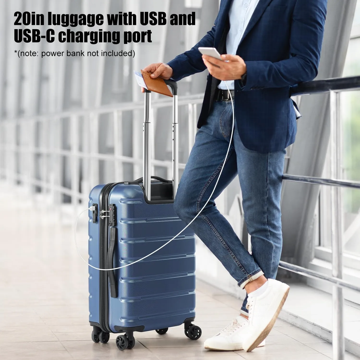 Coolife Luggage Suitcase Carry-on Spinner TSA Lock USB Port Expandable (only 28’’) Lightweight Hardside Luggage (Gray, S(20in_carry on))