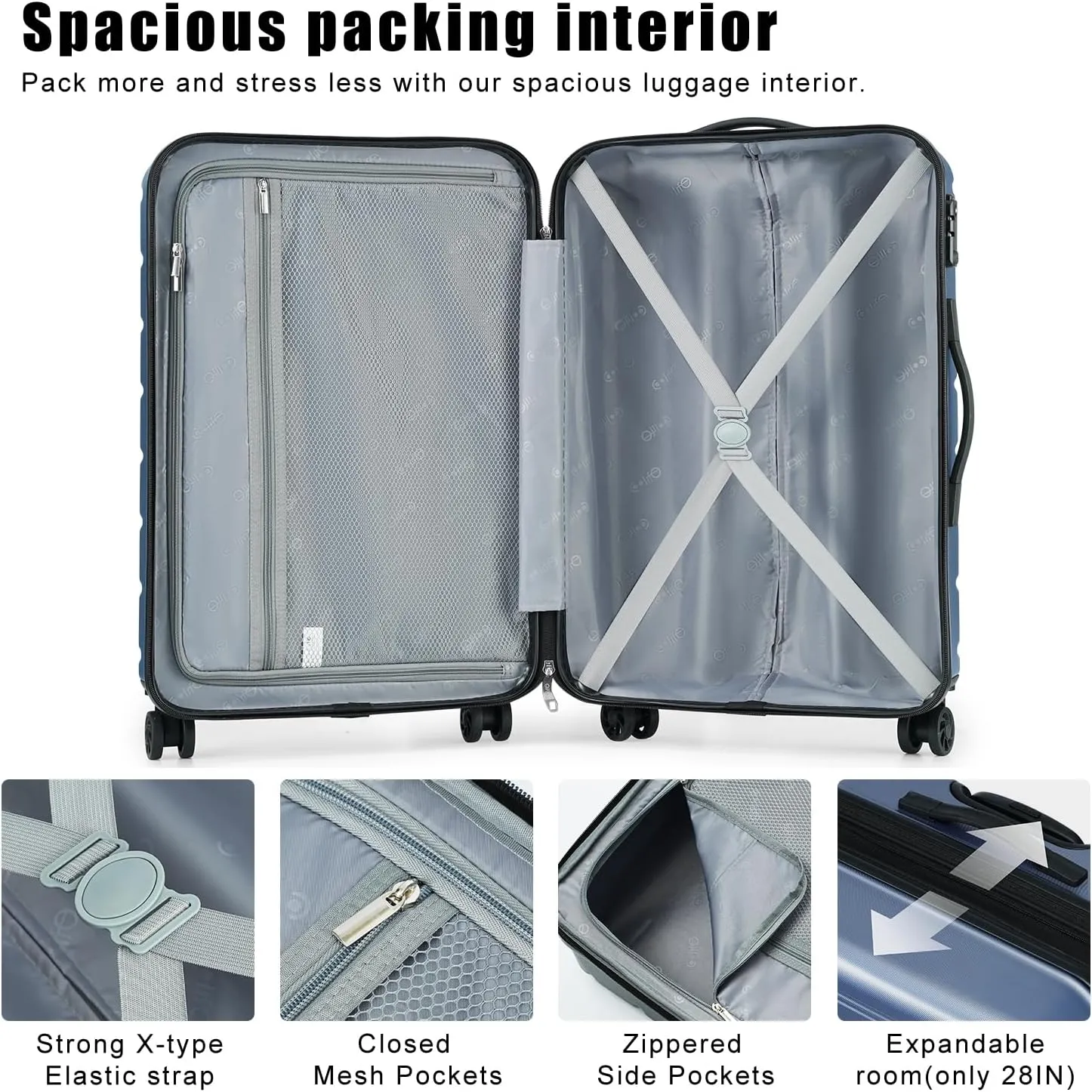 Coolife Luggage Suitcase Carry-on Spinner TSA Lock USB Port Expandable (only 28’’) Lightweight Hardside Luggage (Silver, 3 piece set)