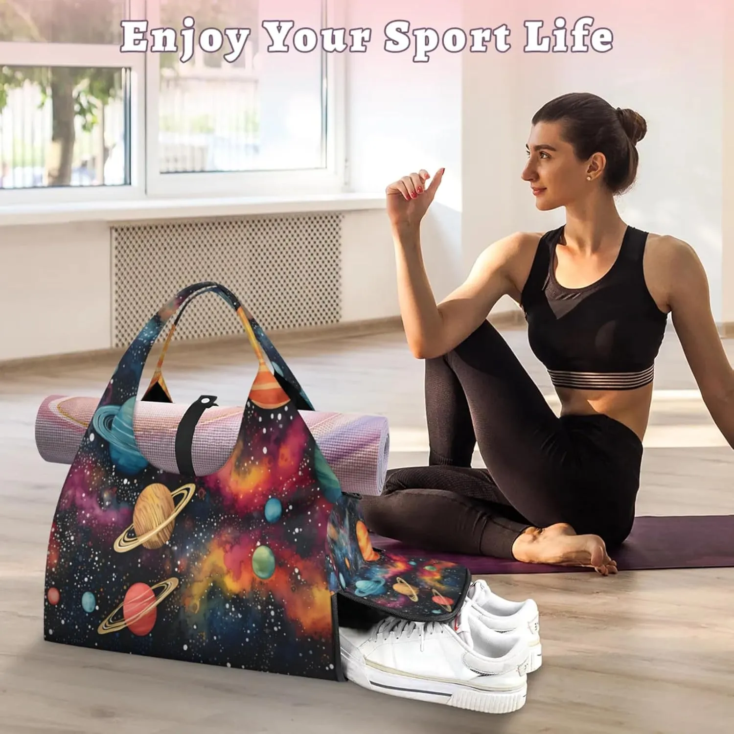 Cosmic Voyage Waterproof Gym Bag for Men Women, Sports Duffel Bag with Shoe Compartment Yoga Mat Holder, Portable Large Travel Bag for Fitness, Camping, Weekend Trips