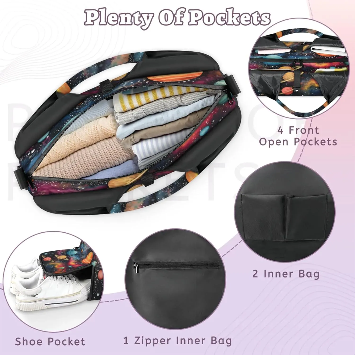 Cosmic Voyage Waterproof Gym Bag for Men Women, Sports Duffel Bag with Shoe Compartment Yoga Mat Holder, Portable Large Travel Bag for Fitness, Camping, Weekend Trips