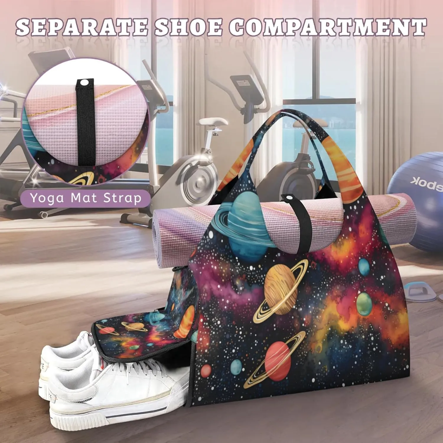 Cosmic Voyage Waterproof Gym Bag for Men Women, Sports Duffel Bag with Shoe Compartment Yoga Mat Holder, Portable Large Travel Bag for Fitness, Camping, Weekend Trips