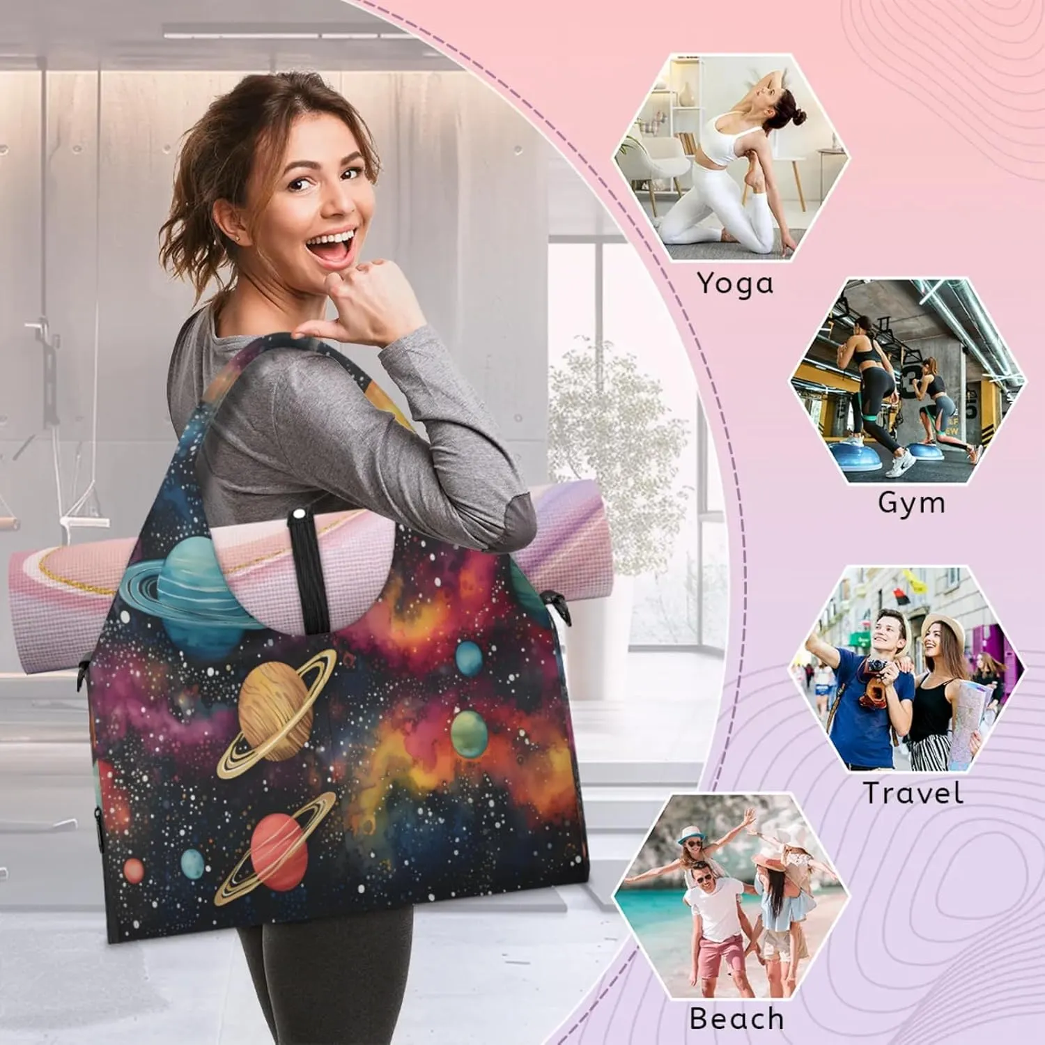 Cosmic Voyage Waterproof Gym Bag for Men Women, Sports Duffel Bag with Shoe Compartment Yoga Mat Holder, Portable Large Travel Bag for Fitness, Camping, Weekend Trips