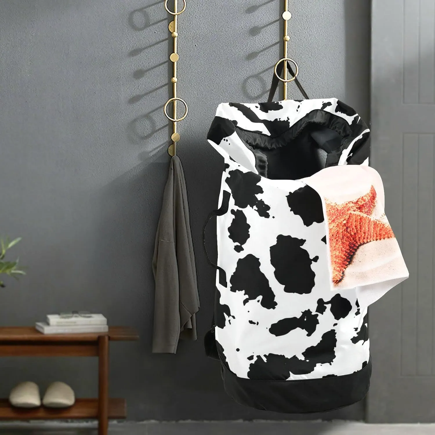 Cow Print Black and White Cracks Scuffs Chips Stains of Ink on White Backpack Laundry Bag, Laundry Backpack with Shoulder Straps, Waterproof Nylon Clothes Hamper Bag for Men Women Yoga Backpack