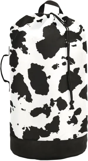 Cow Print Black and White Cracks Scuffs Chips Stains of Ink on White Backpack Laundry Bag, Laundry Backpack with Shoulder Straps, Waterproof Nylon Clothes Hamper Bag for Men Women Yoga Backpack