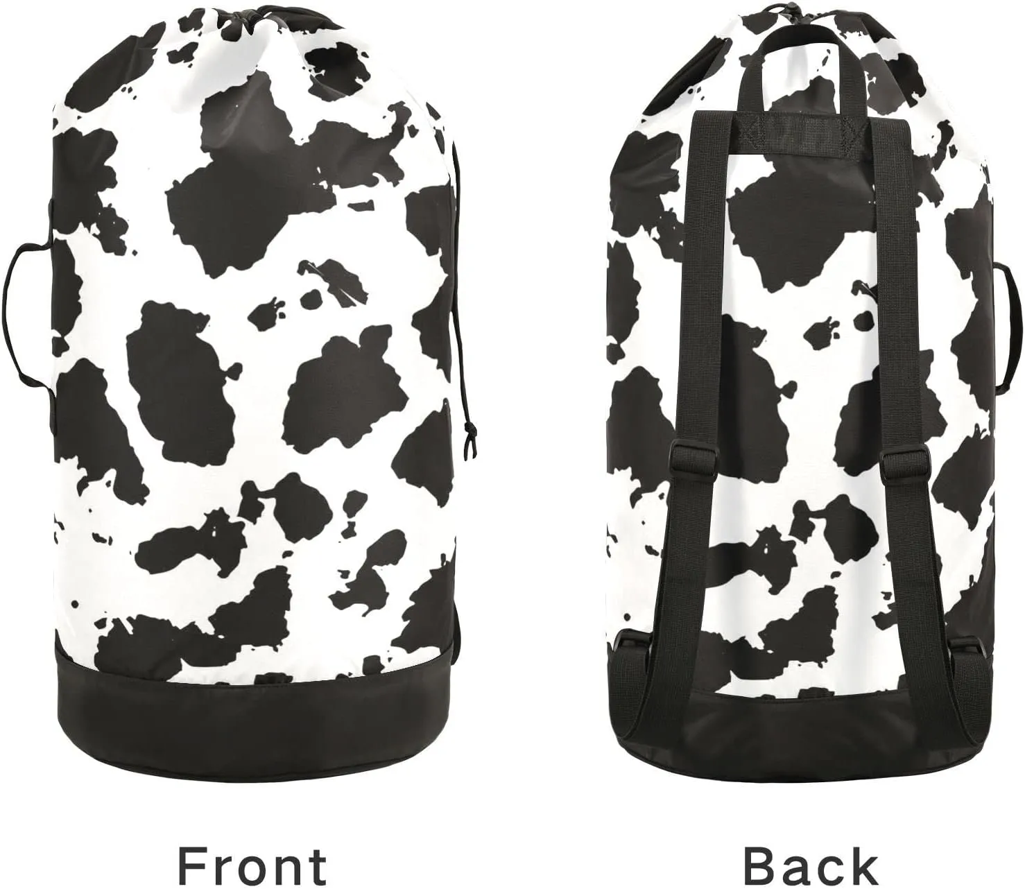 Cow Print Black and White Cracks Scuffs Chips Stains of Ink on White Backpack Laundry Bag, Laundry Backpack with Shoulder Straps, Waterproof Nylon Clothes Hamper Bag for Men Women Yoga Backpack