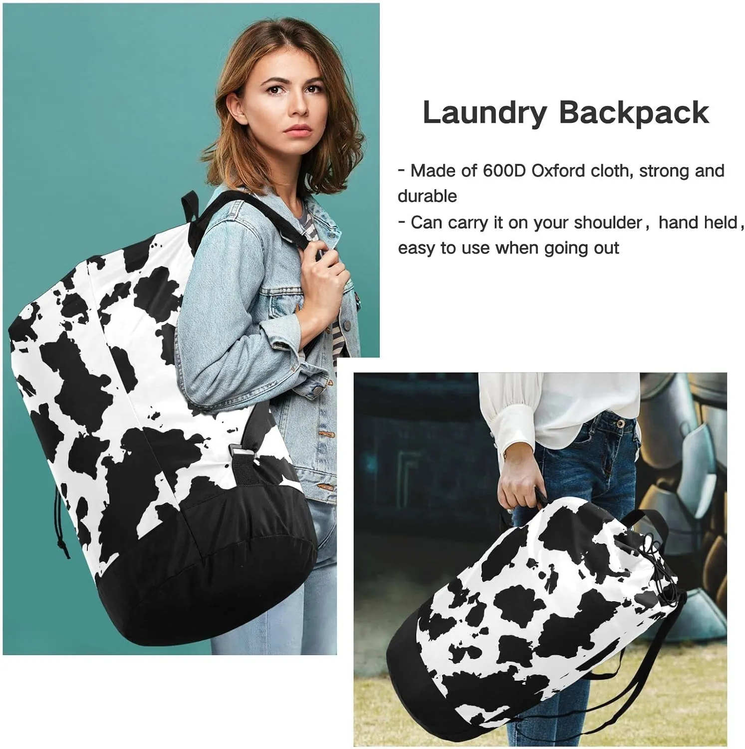 Cow Print Black and White Cracks Scuffs Chips Stains of Ink on White Backpack Laundry Bag, Laundry Backpack with Shoulder Straps, Waterproof Nylon Clothes Hamper Bag for Men Women Yoga Backpack
