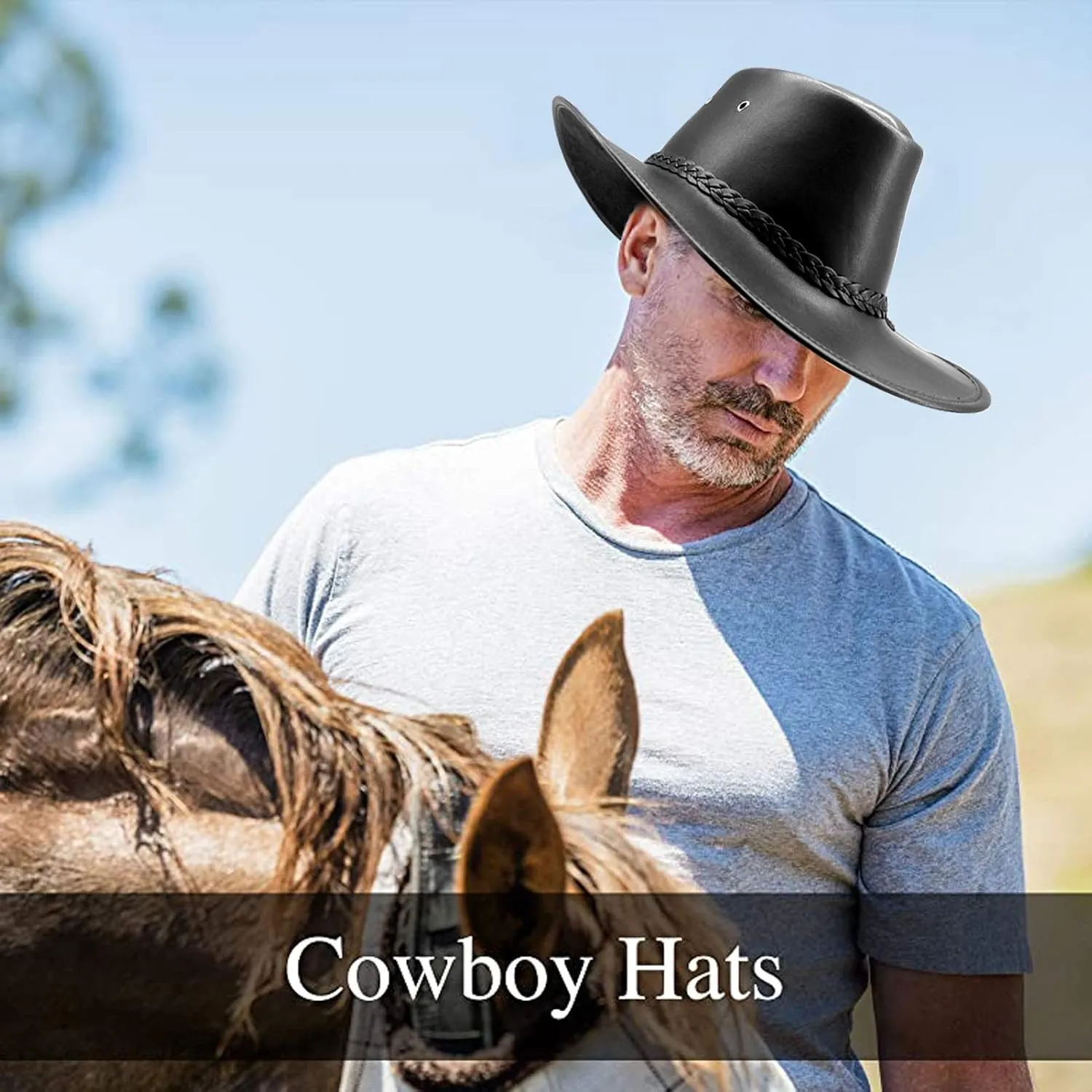 Cowboy Hats for Men and Women, Western Leather Outback Wide Brim Rain Cap