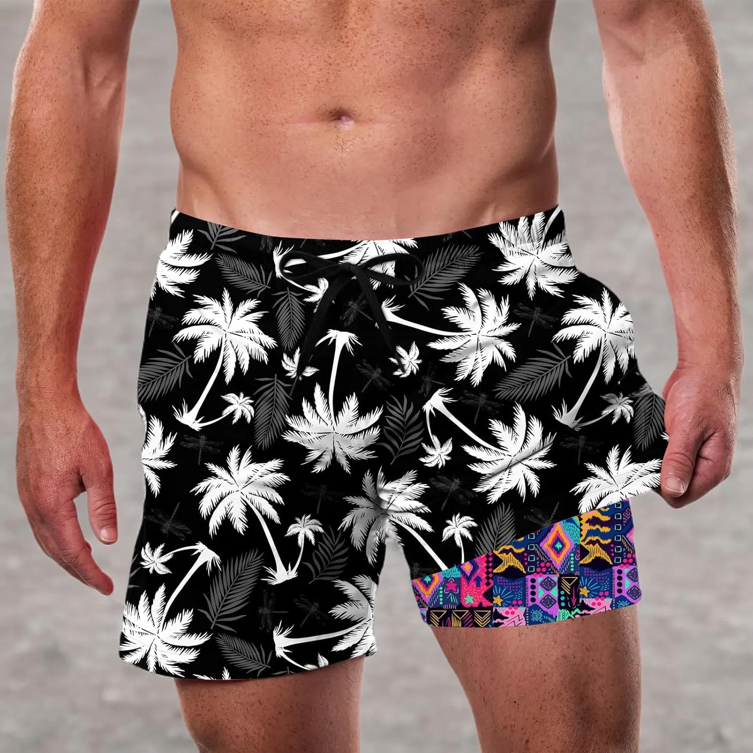 Cozople Men's Swim Trunks with Compression Liner 5.5" Inseam Quick Dry Bathing Suit Boxer Brief Lined Swim Shorts Swimwear