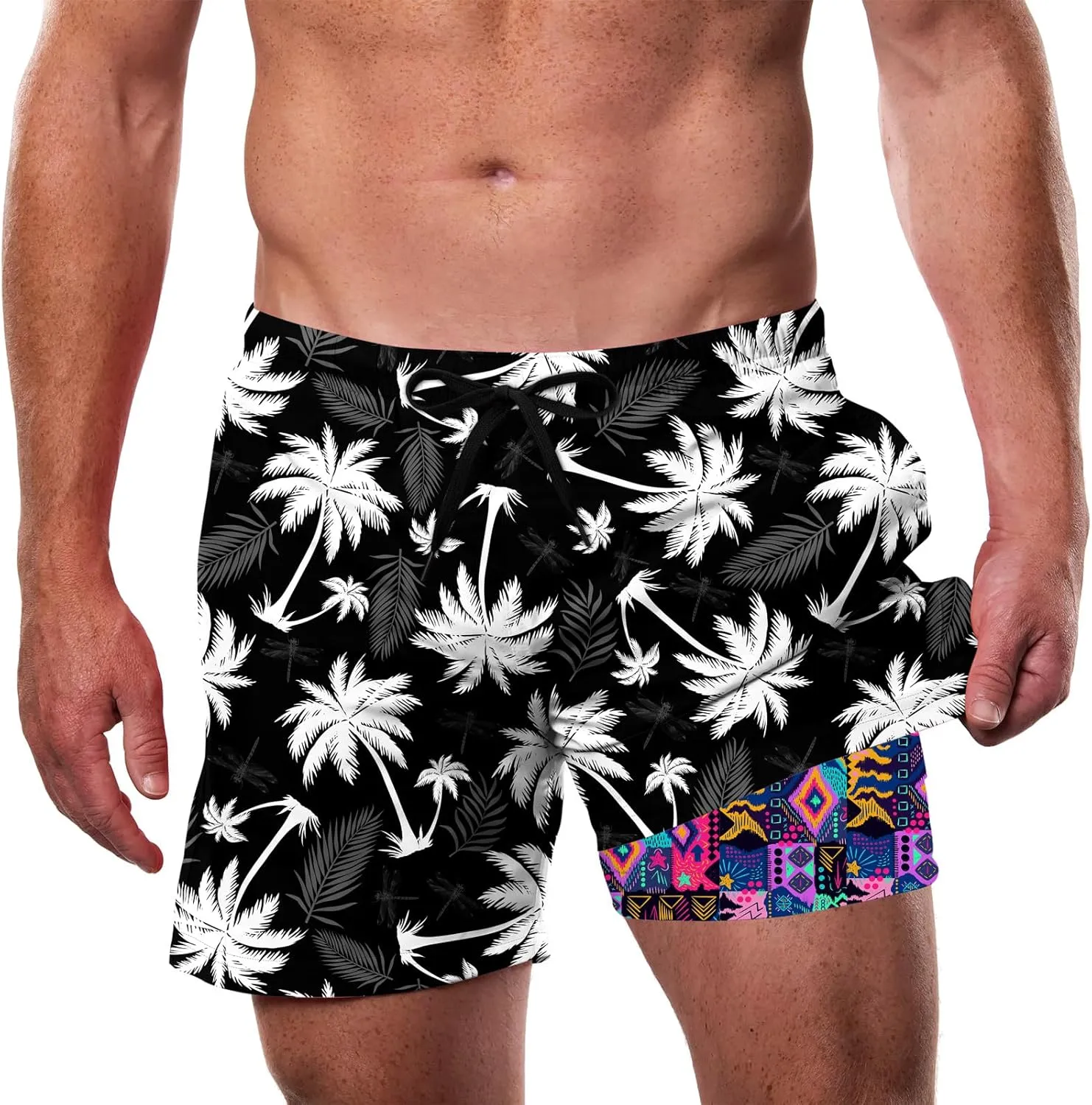 Cozople Men's Swim Trunks with Compression Liner 5.5" Inseam Quick Dry Bathing Suit Boxer Brief Lined Swim Shorts Swimwear