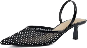 CUSHIONAIRE Women's Affair Rhinestone Mesh Kitten Heel Slingback Pumps  Memory Foam, Wide Widths Available