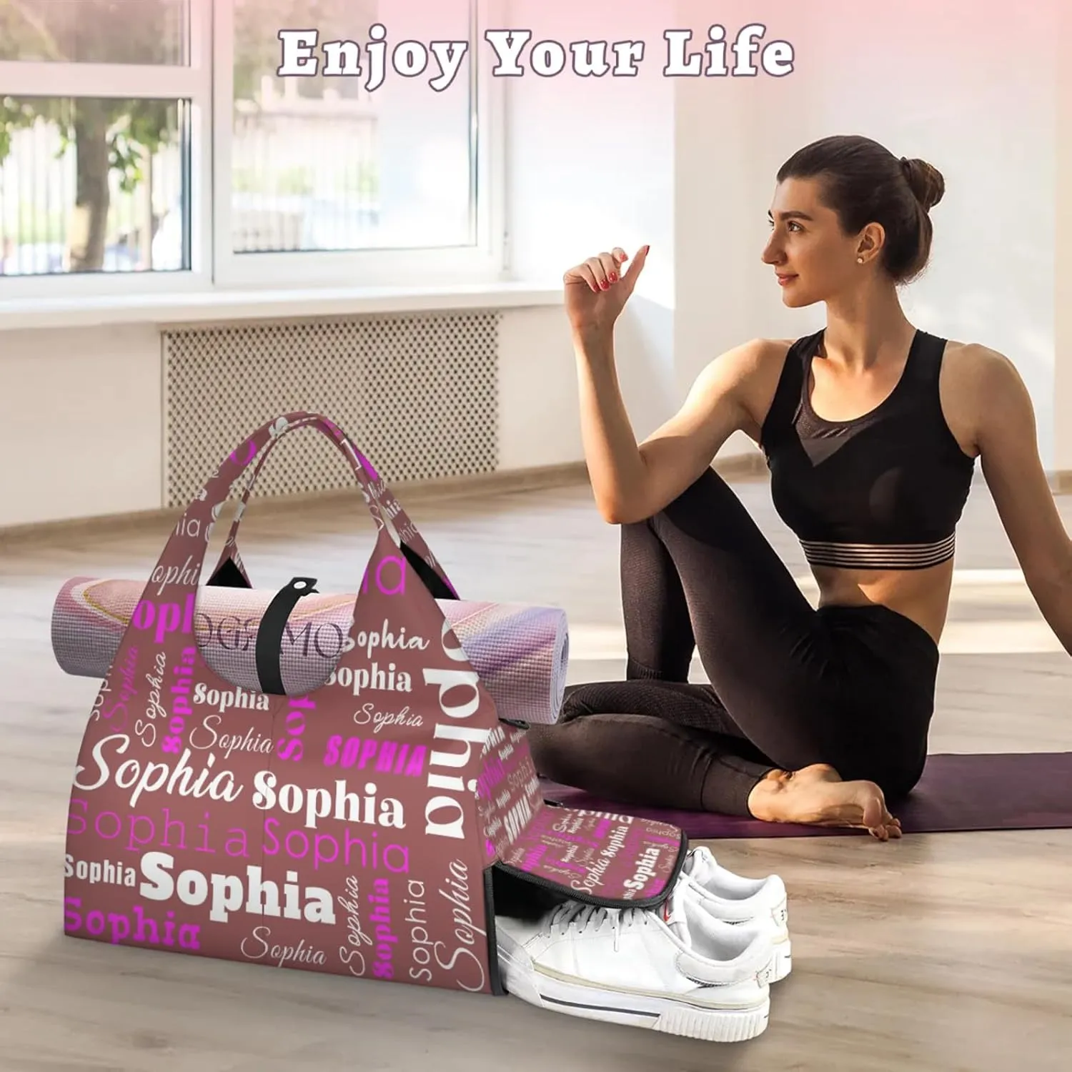 Custom Name Women Sports Gym Travel Bag with Shoes Compartment Personalized Yoga Mat Tote Bag for Pilates
