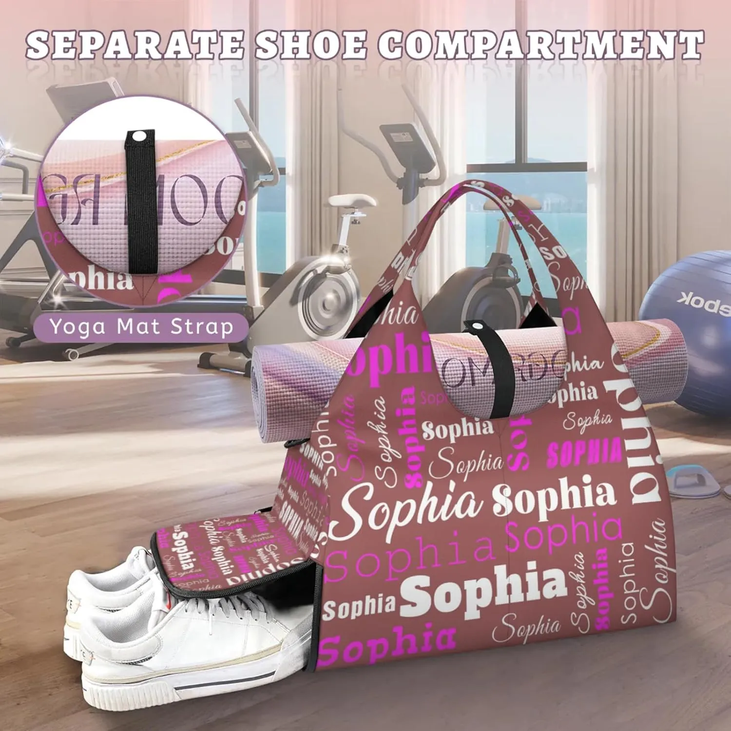 Custom Name Women Sports Gym Travel Bag with Shoes Compartment Personalized Yoga Mat Tote Bag for Pilates