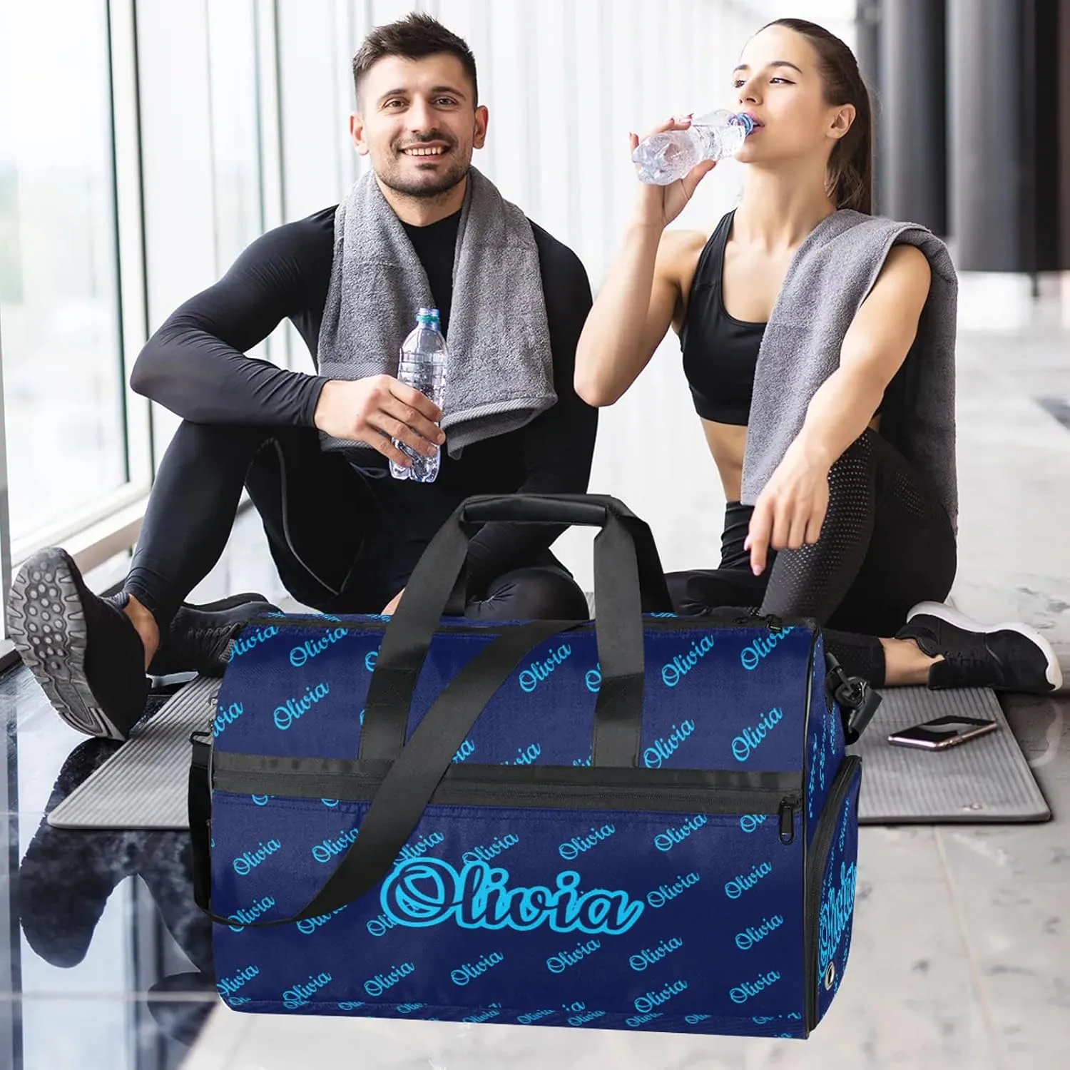 Custom Sport Duffel Bags with Shoe Compartment Personalized Name Travel Overnight Bag Waterproof Dance Bag Lightweight Carry-On Tote for Women Men, Dark Blue