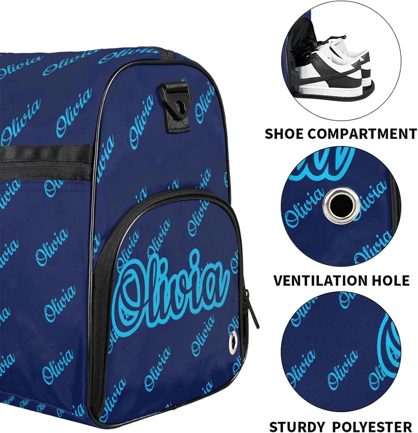 Custom Sport Duffel Bags with Shoe Compartment Personalized Name Travel Overnight Bag Waterproof Dance Bag Lightweight Carry-On Tote for Women Men, Dark Blue