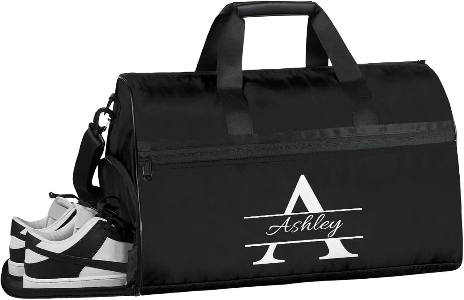 Custom Sports Duffel Bag with Shoe Compartment Personalized Name Dance Gym Bag for Women Overnight Weekender Travel Duffel Bags, Pure Black