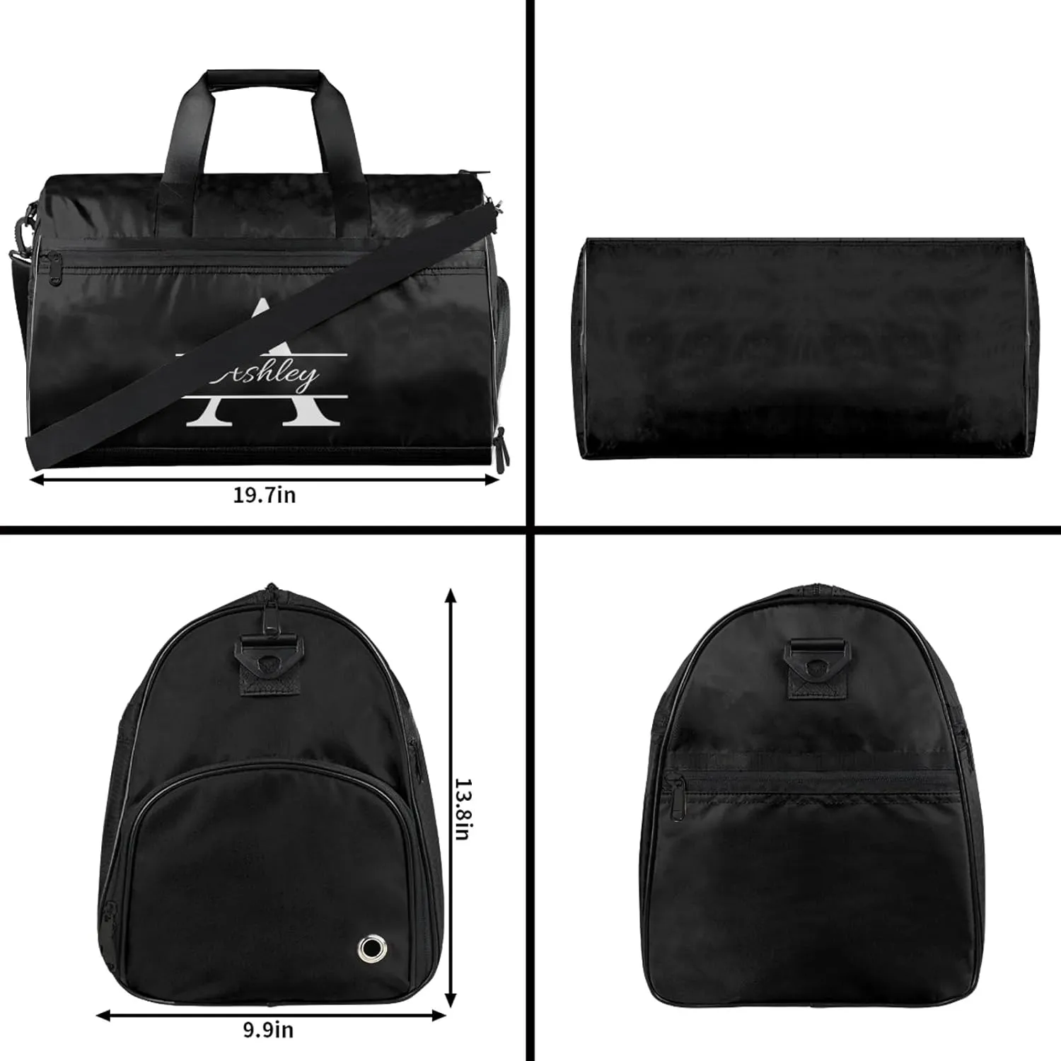 Custom Sports Duffel Bag with Shoe Compartment Personalized Name Dance Gym Bag for Women Overnight Weekender Travel Duffel Bags, Pure Black
