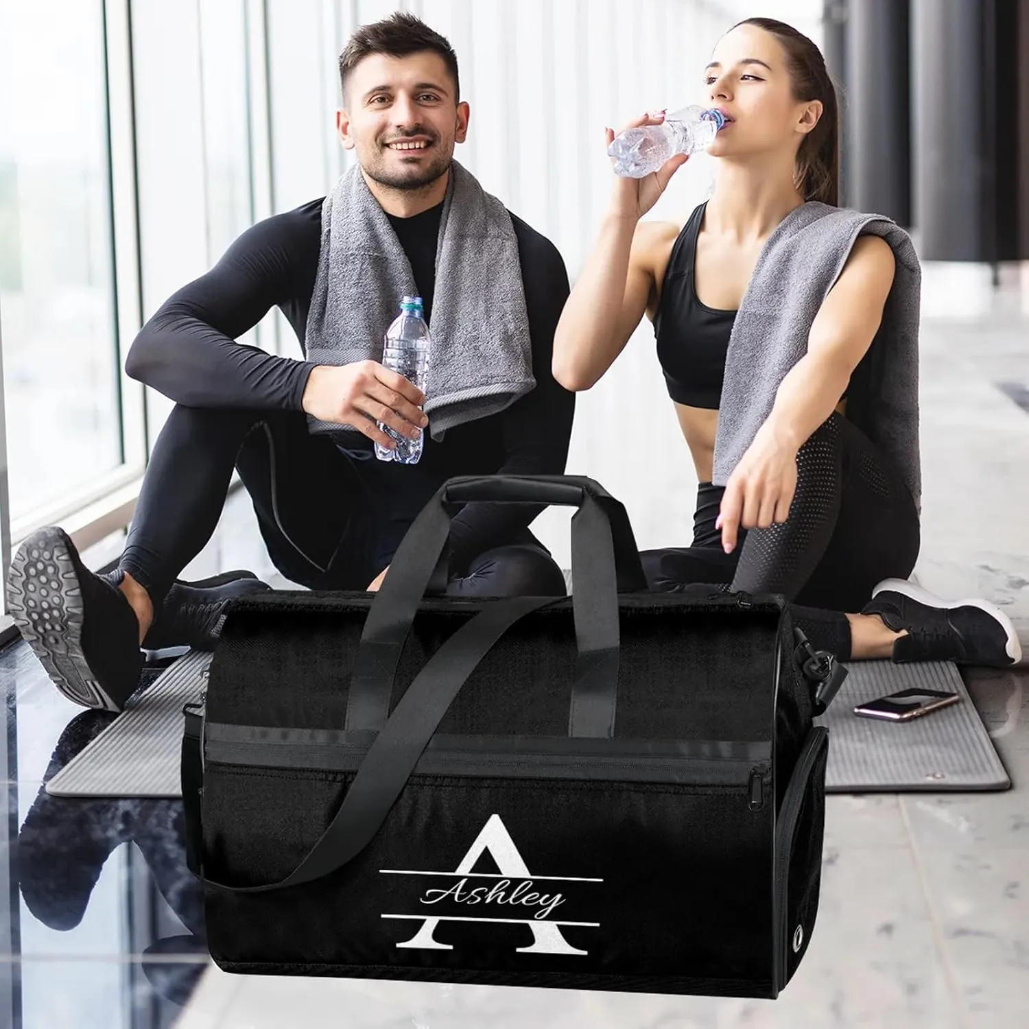 Custom Sports Duffel Bag with Shoe Compartment Personalized Name Dance Gym Bag for Women Overnight Weekender Travel Duffel Bags, Pure Black