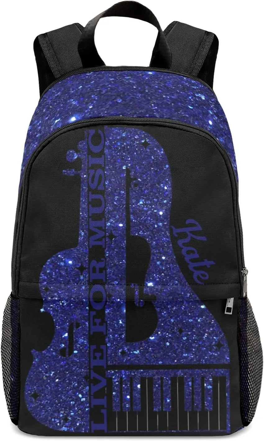 Customized Music Piano Backpack Personalized Name Schoolbag Multipurpose Daypack Sport Casual Travel Bags for Teen Adult Navy Bling Print