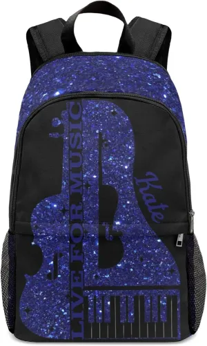 Customized Music Piano Backpack Personalized Name Schoolbag Multipurpose Daypack Sport Casual Travel Bags for Teen Adult Navy Bling Print