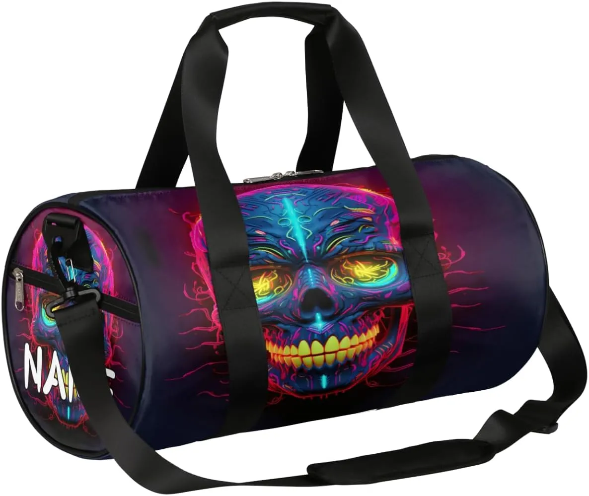 Customized Sports Gym Duffel Bag for Women & Men with Name,Cool Skull Neon Pattern Waterproof Personalized Tote Travel Beach Bag for Weekender Overnight Dance Carry-On Bag