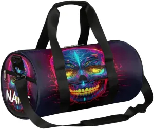 Customized Sports Gym Duffel Bag for Women & Men with Name,Cool Skull Neon Pattern Waterproof Personalized Tote Travel Beach Bag for Weekender Overnight Dance Carry-On Bag