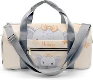 Cute Elephant Flower Orange Personalized Duffel Bag,Custom Travel Gym Bag with Name,Waterproof Sports Overnight Bag with Shoe Compartment & Shoulder Strap