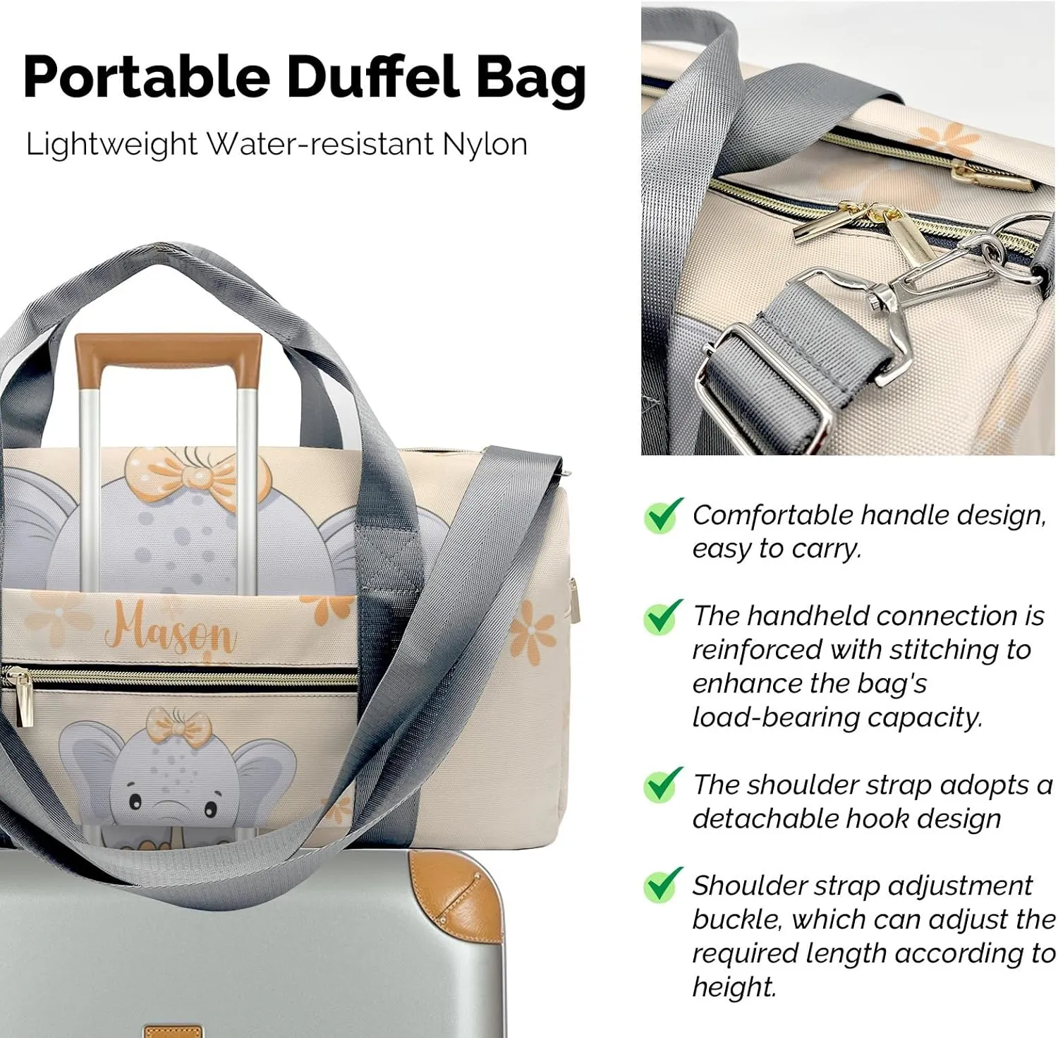 Cute Elephant Flower Orange Personalized Duffel Bag,Custom Travel Gym Bag with Name,Waterproof Sports Overnight Bag with Shoe Compartment & Shoulder Strap