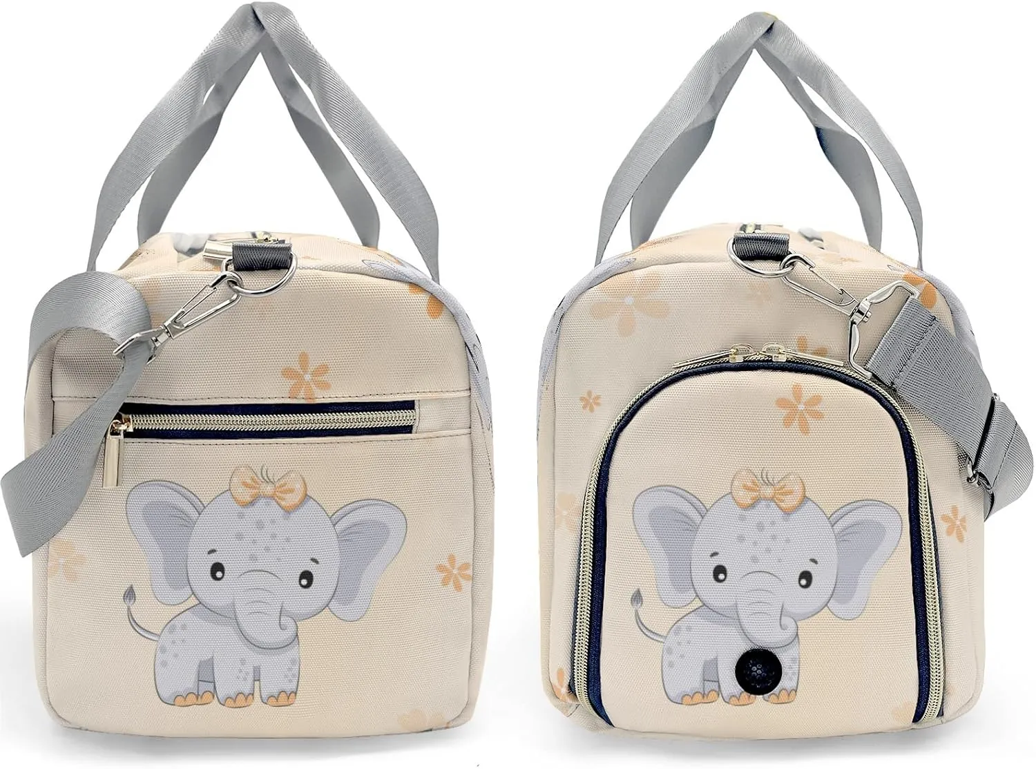 Cute Elephant Flower Orange Personalized Duffel Bag,Custom Travel Gym Bag with Name,Waterproof Sports Overnight Bag with Shoe Compartment & Shoulder Strap