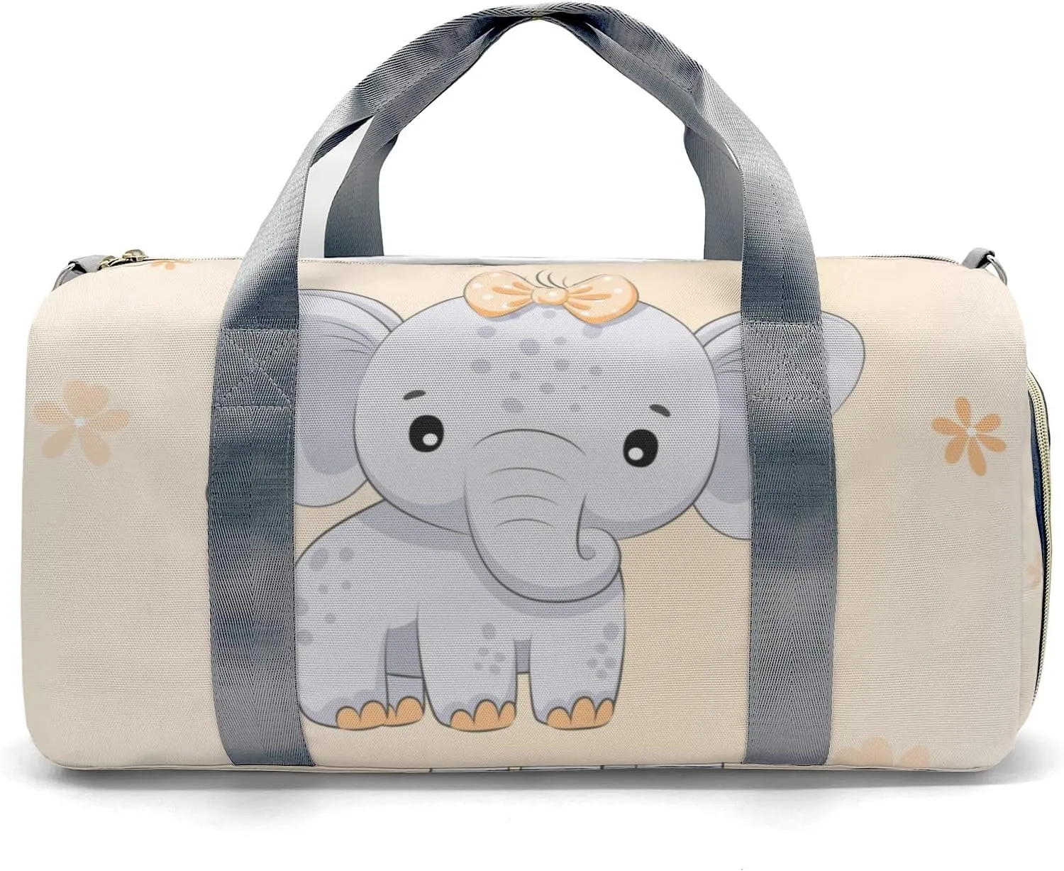 Cute Elephant Flower Orange Personalized Duffel Bag,Custom Travel Gym Bag with Name,Waterproof Sports Overnight Bag with Shoe Compartment & Shoulder Strap