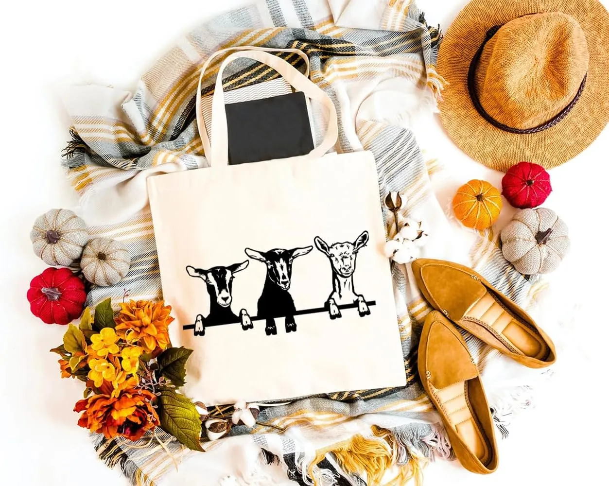 Cute Goats Canvas Tote Bag for Women Aesthetic Farm Animal Graphic Reusable Grocery Shoulder Shopping Bags Girls Gift