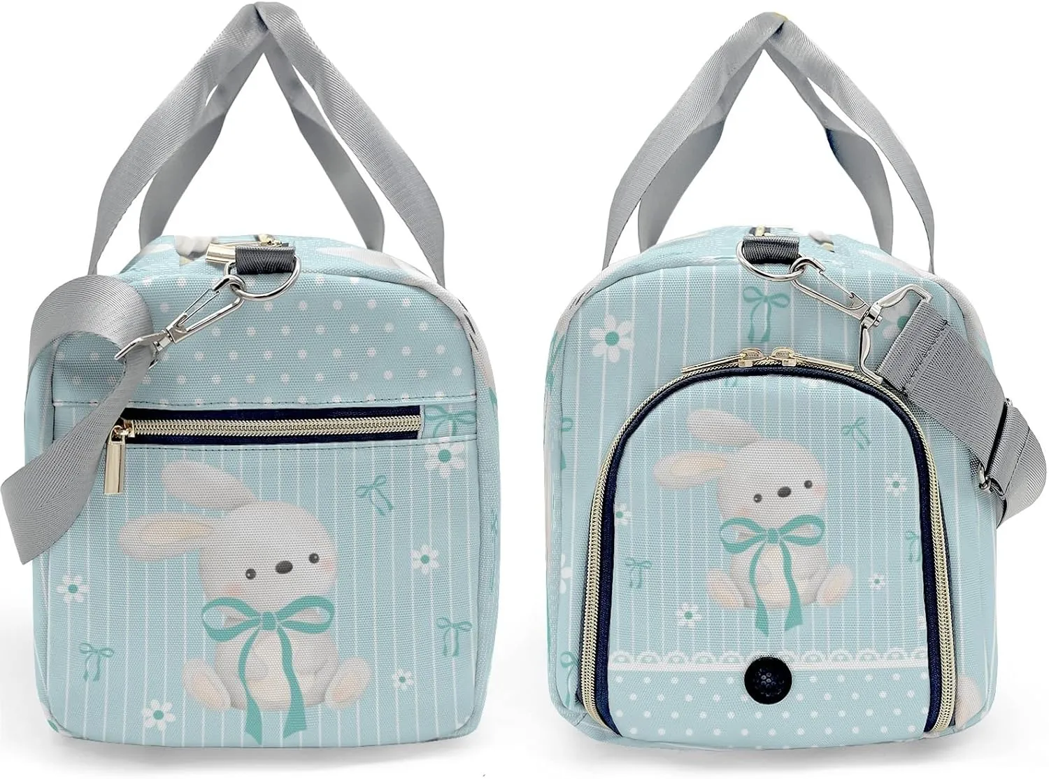 Cute Rabbit Bow Green Personalized Duffel Bag,Custom Travel Gym Bag with Name,Waterproof Sports Overnight Bag with Shoe Compartment & Shoulder Strap