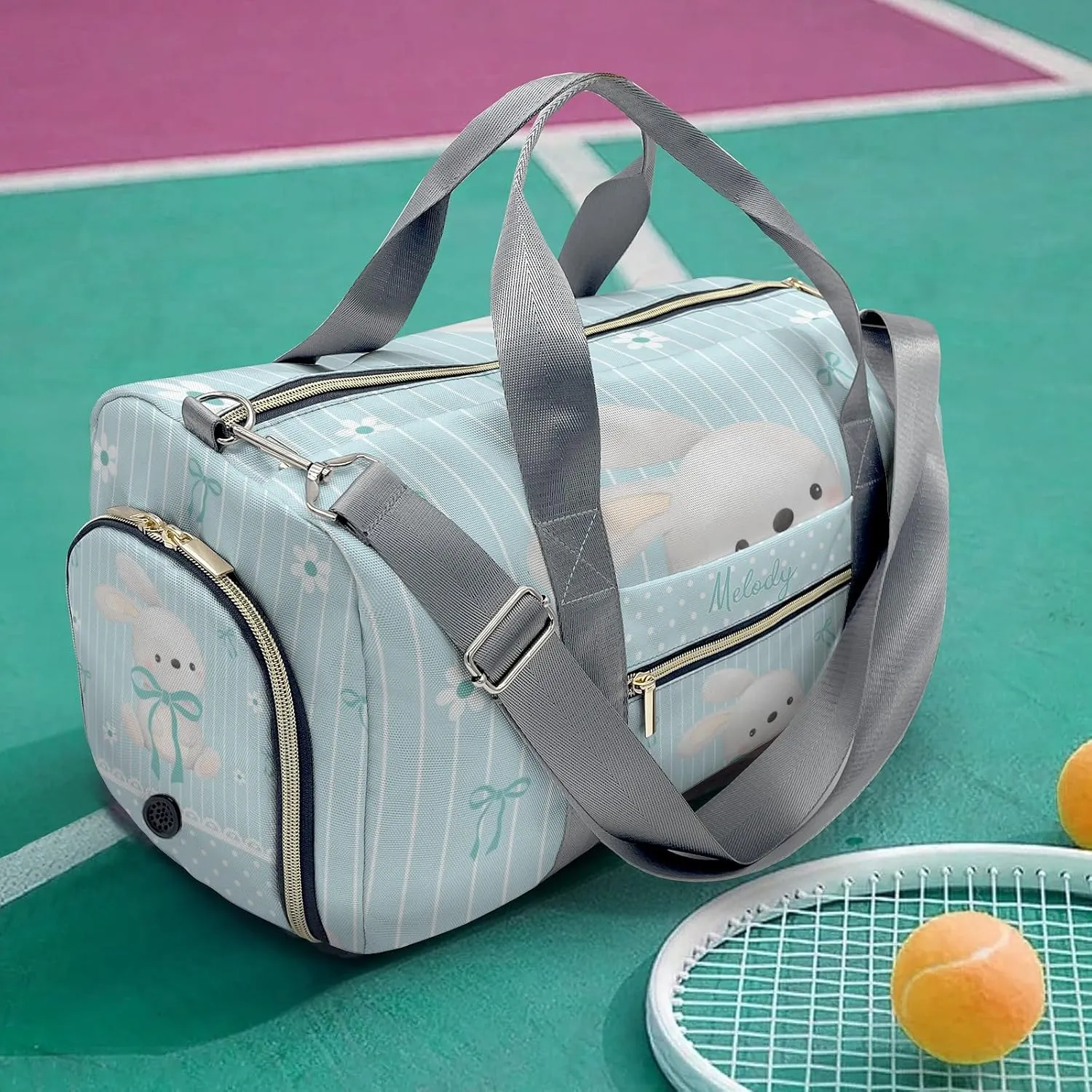 Cute Rabbit Bow Green Personalized Duffel Bag,Custom Travel Gym Bag with Name,Waterproof Sports Overnight Bag with Shoe Compartment & Shoulder Strap