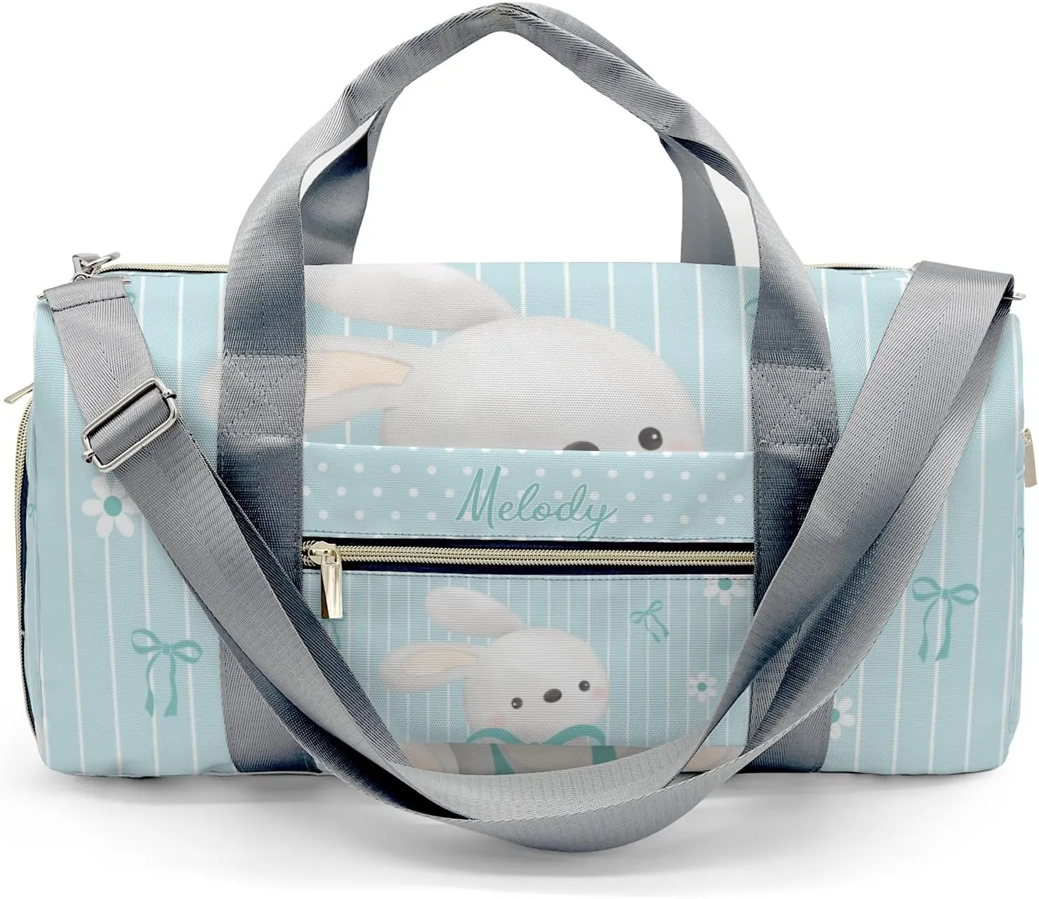 Cute Rabbit Bow Green Personalized Duffel Bag,Custom Travel Gym Bag with Name,Waterproof Sports Overnight Bag with Shoe Compartment & Shoulder Strap