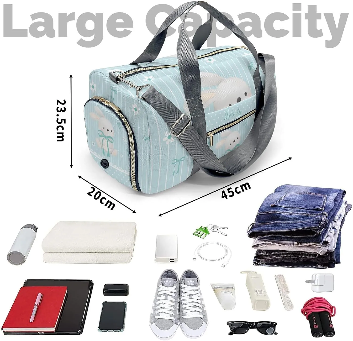 Cute Rabbit Bow Green Personalized Duffel Bag,Custom Travel Gym Bag with Name,Waterproof Sports Overnight Bag with Shoe Compartment & Shoulder Strap
