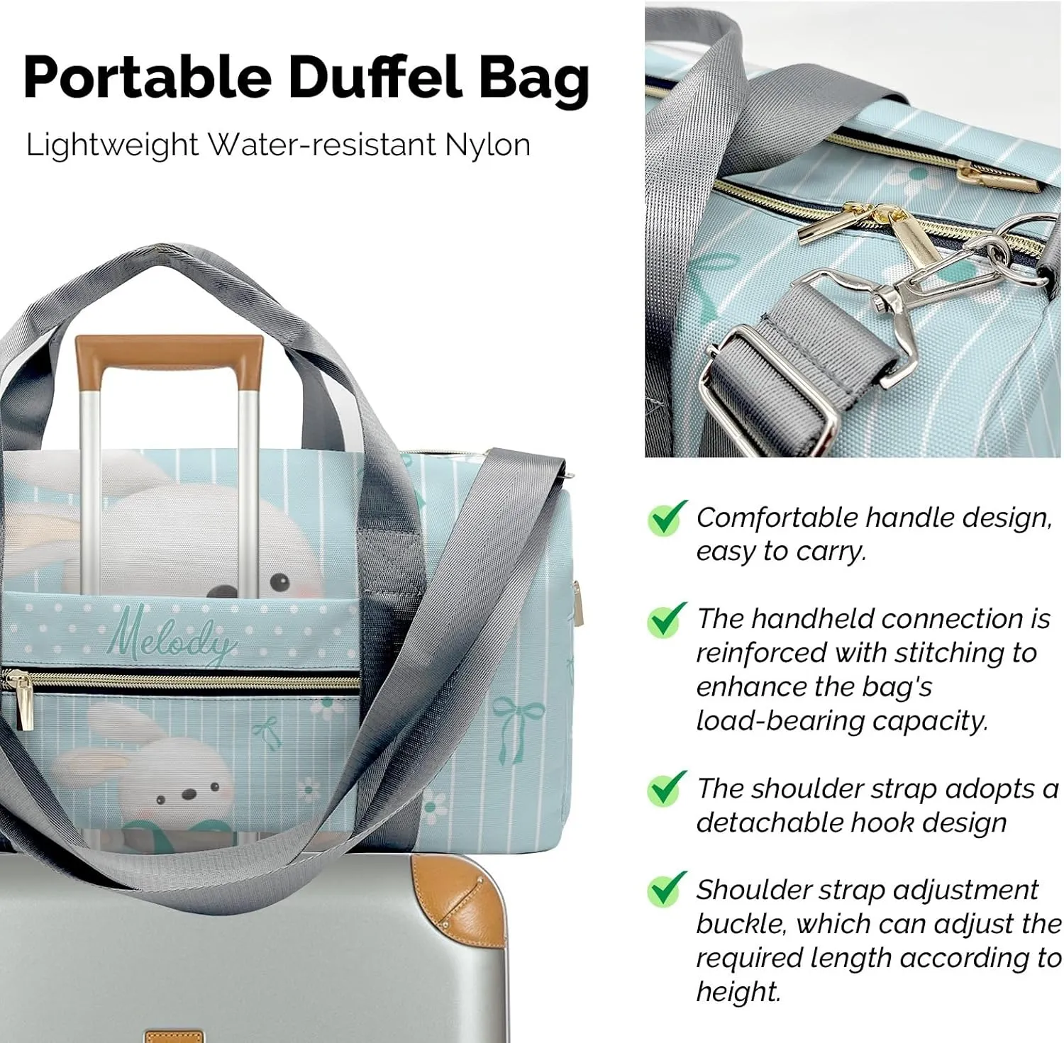 Cute Rabbit Bow Green Personalized Duffel Bag,Custom Travel Gym Bag with Name,Waterproof Sports Overnight Bag with Shoe Compartment & Shoulder Strap