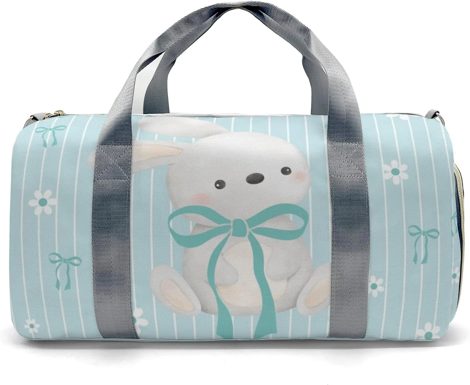 Cute Rabbit Bow Green Personalized Duffel Bag,Custom Travel Gym Bag with Name,Waterproof Sports Overnight Bag with Shoe Compartment & Shoulder Strap