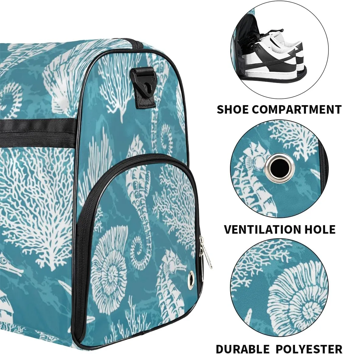 Cute Seahorses Paint Sports Gym Bag for Women Men Travel Duffel Bag with Wet Pocket & Shoes Compartment Waterproof Weekender Overnight Tote Carry on Bag Lightweight