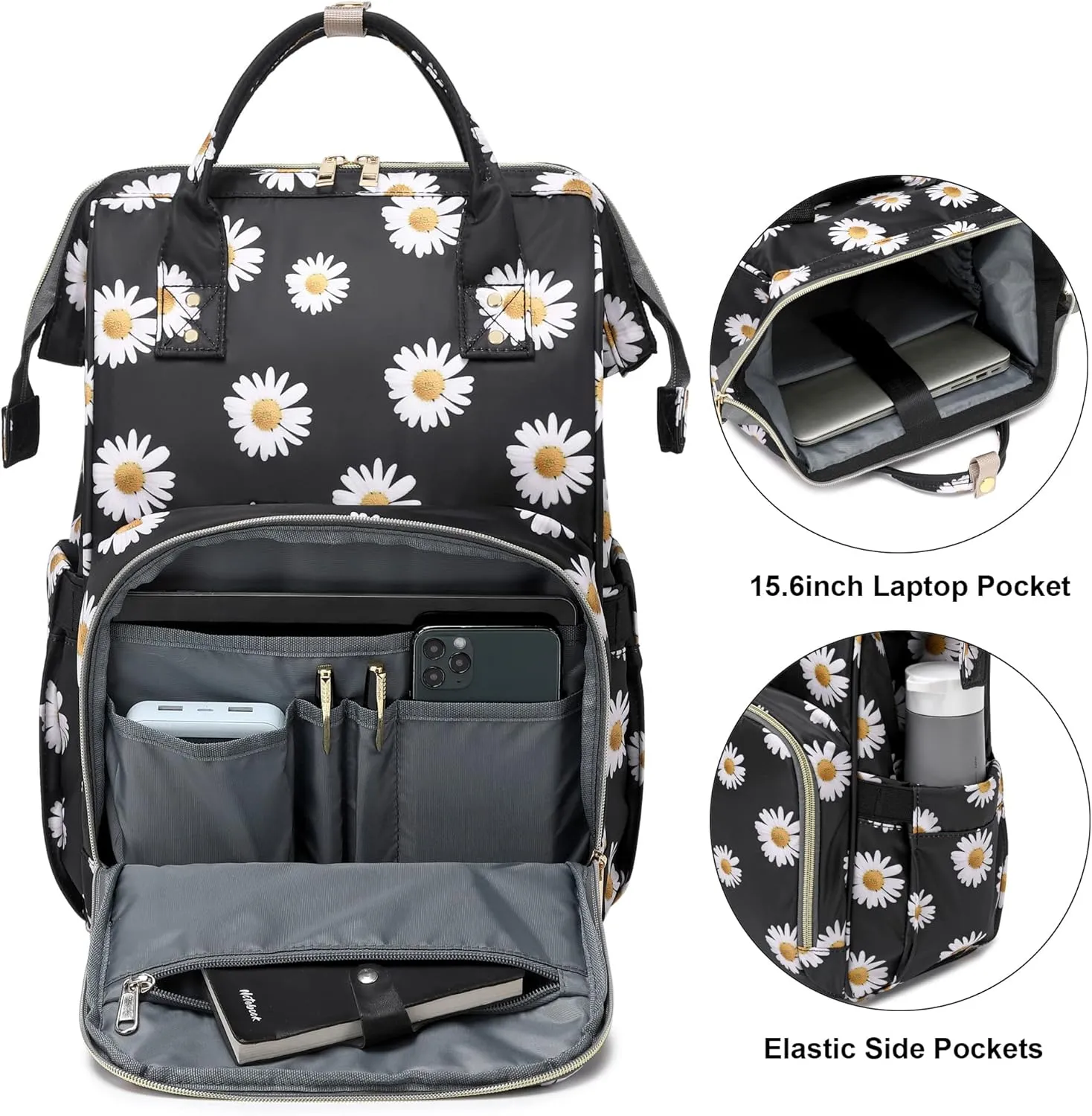 Daisy Laptop Backpack for Womens Girls, College Backpacks School Bag Bookbag 15.6 Inch Computer Backpack (Black)
