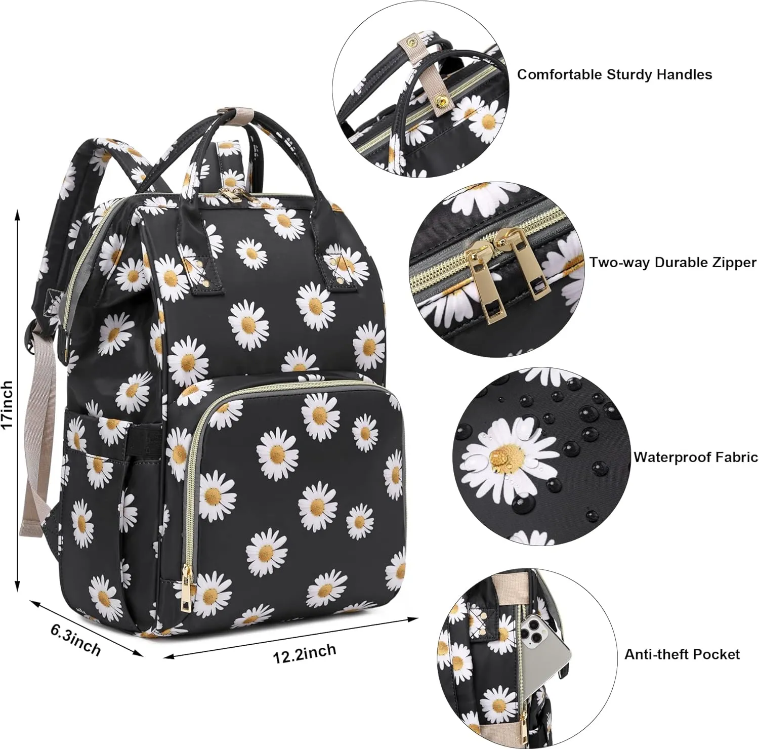 Daisy Laptop Backpack for Womens Girls, College Backpacks School Bag Bookbag 15.6 Inch Computer Backpack (Black)