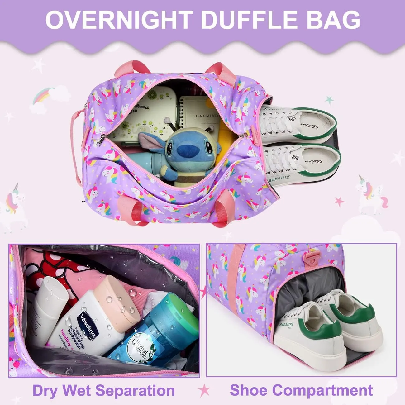 Dance Bag Girls, RAVUO Kids Duffle Bag Unicorn Overnight Travel Gym Bag with Shoe Compartments Sports Ballet Bag Teens Weekender Sleepover Carry On Bag