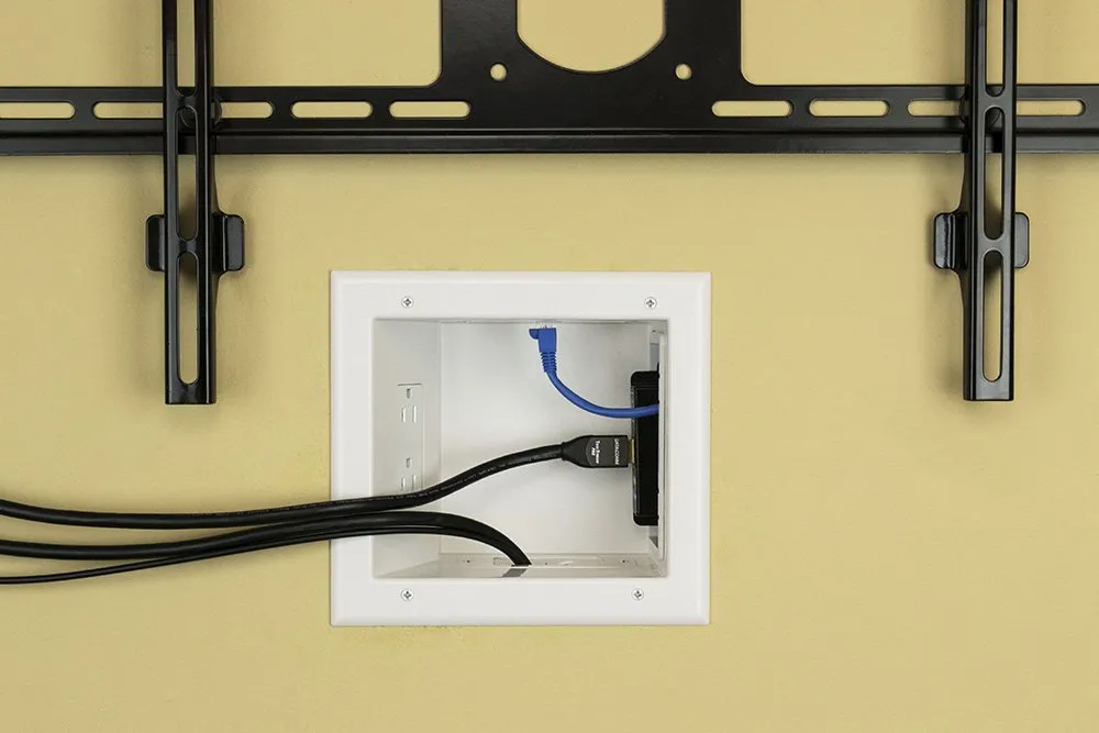 DATA COMM Electronics 45-0061-WH Expandable Media Outlet Box, Duplex Surge Receptacle, Recessed AV/HDMI TV In-Wall Cable Management, 15 Amp Duplex Receptacle, 3 Interchangeable Plates, White