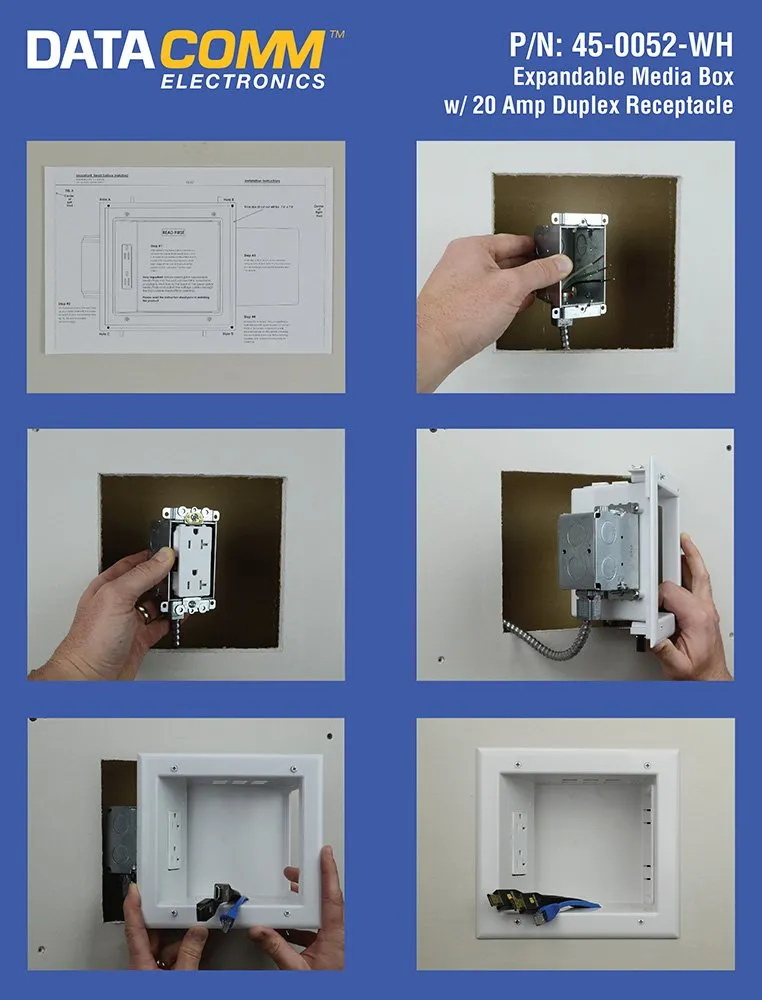 DATA COMM Electronics 45-0061-WH Expandable Media Outlet Box, Duplex Surge Receptacle, Recessed AV/HDMI TV In-Wall Cable Management, 15 Amp Duplex Receptacle, 3 Interchangeable Plates, White