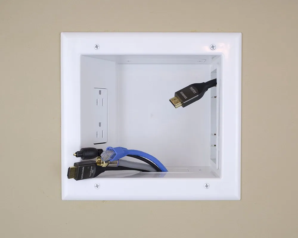 DATA COMM Electronics 45-0061-WH Expandable Media Outlet Box, Duplex Surge Receptacle, Recessed AV/HDMI TV In-Wall Cable Management, 15 Amp Duplex Receptacle, 3 Interchangeable Plates, White