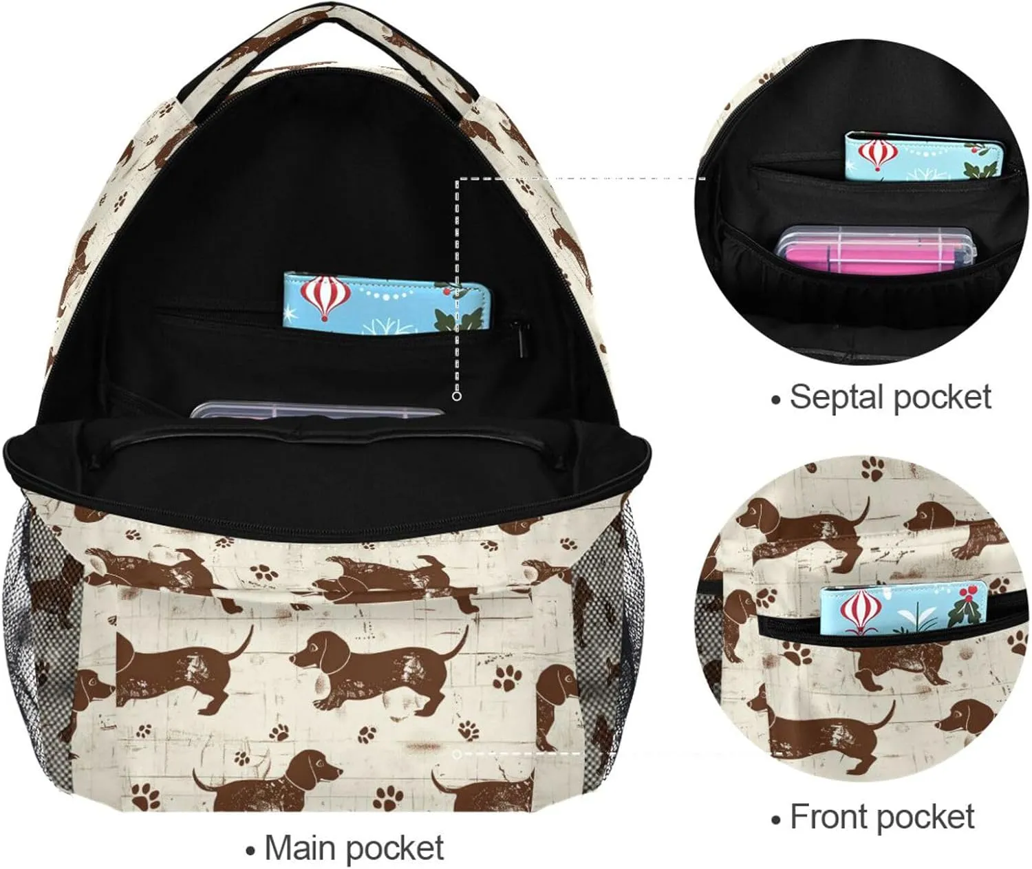 Day Backpack for Men Women Waterproof Business Work Bag with Chest Strap for College Work Dashshund Dog Cute Brown Retro