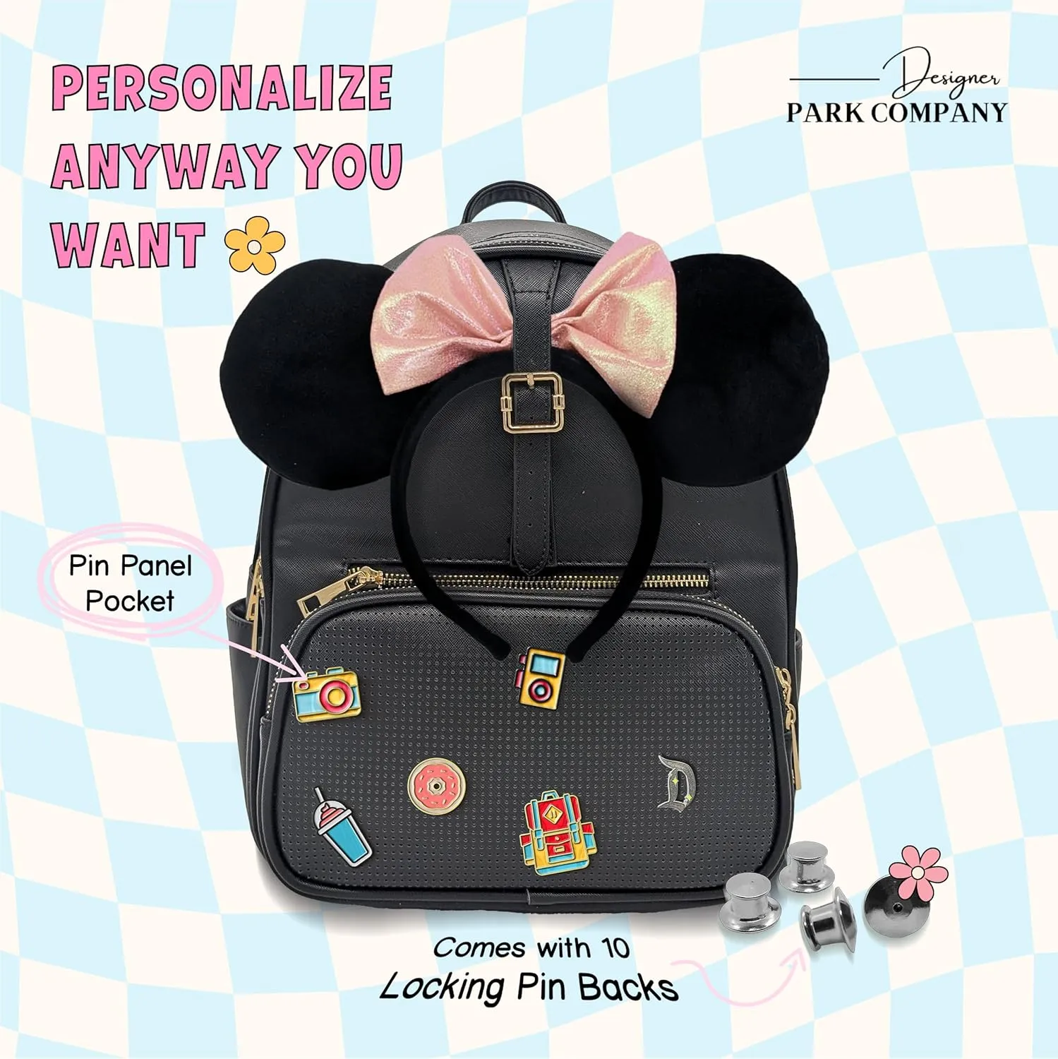 Designer Park Company - Rope Drop Backpack, Stylish Leather for Theme Park or Travel, Girls w/Adjustable Strap, Hydration Kit, & Locking Pins - Black Raven