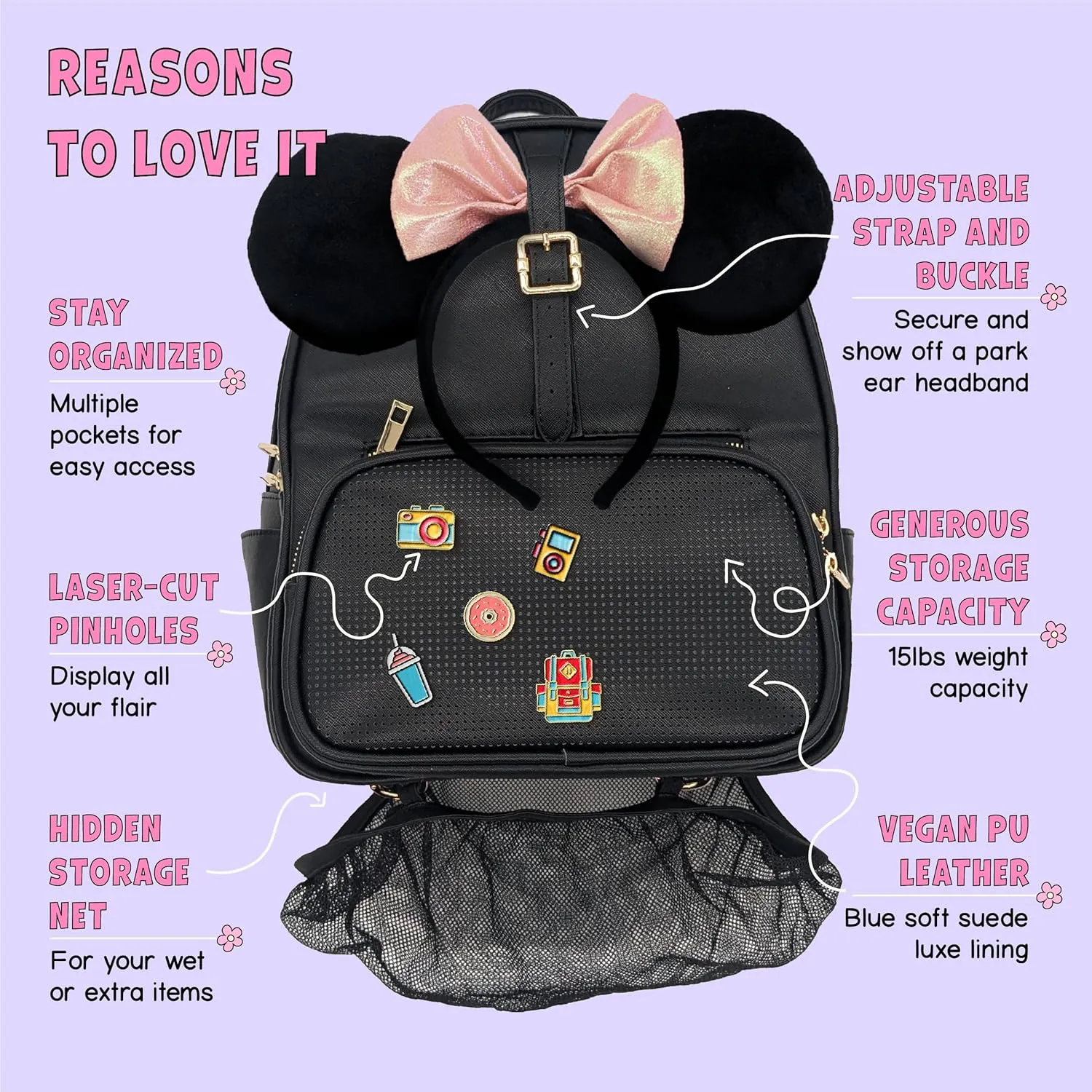 Designer Park Company - Rope Drop Backpack, Stylish Leather for Theme Park or Travel, Girls w/Adjustable Strap, Hydration Kit, & Locking Pins - Black Raven