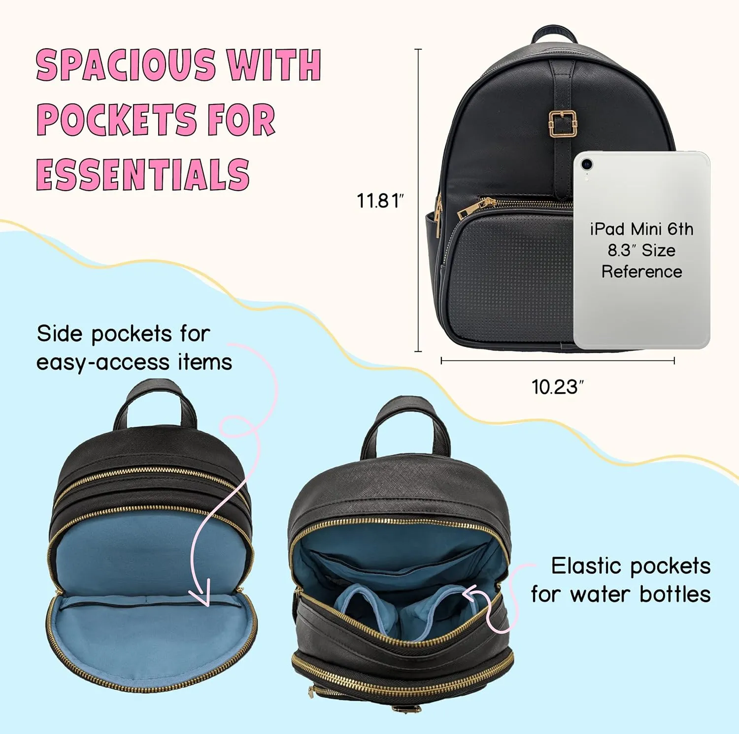 Designer Park Company - Rope Drop Backpack, Stylish Leather for Theme Park or Travel, Girls w/Adjustable Strap, Hydration Kit, & Locking Pins - Black Raven